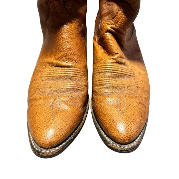 Dan Post Vintage Leather Ostrich Cowboy Boots Western Riding Tan Men's Size 8 D
